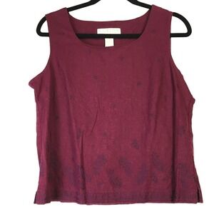 Norton McNaughton Burgundy Linen Blend Paisley Embroidered Sleeveless Top Large